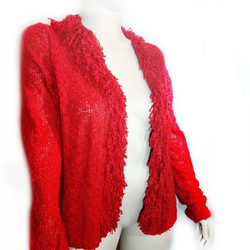 Dressy Red Knit Sweater Cardigan w fringe sz 2X